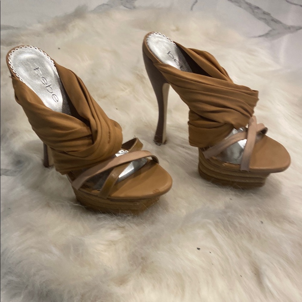 Bebe Tan Fringe Heels